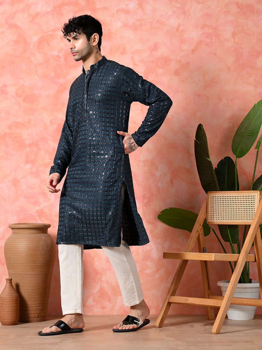 Men's midnight blue jacquard silk kurta.
