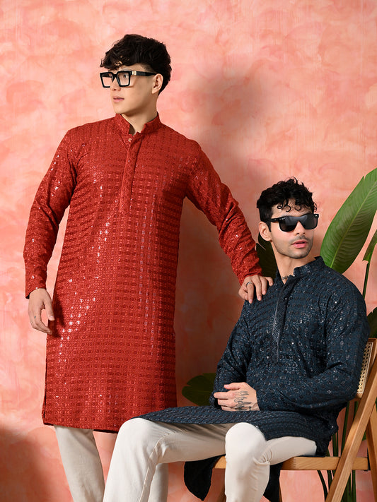 Designer red, blue jacquard silk kurta set.