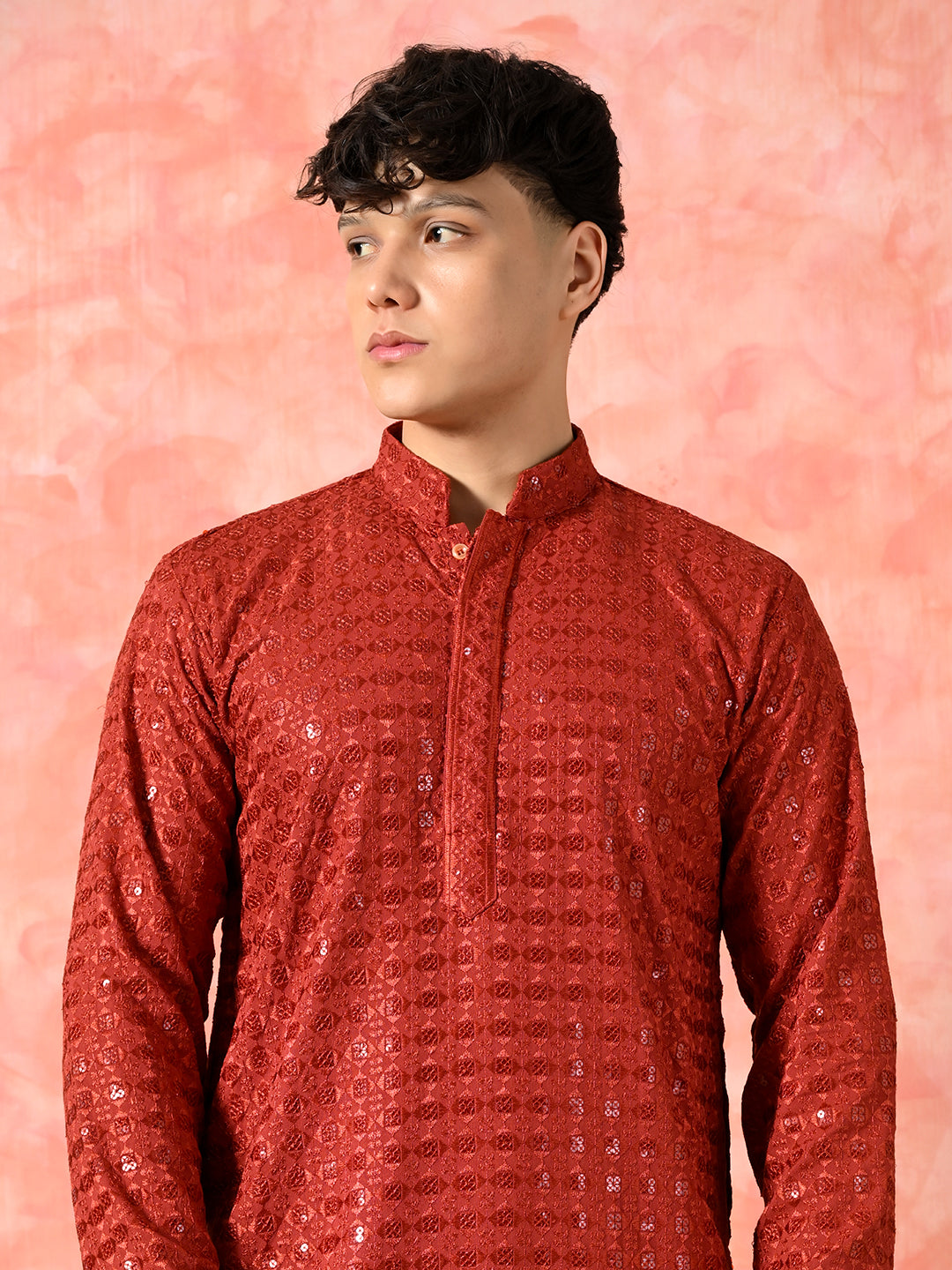 Men's ruby red jacquard silk kurta.