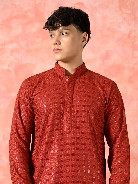 Men's ruby red jacquard silk kurta.