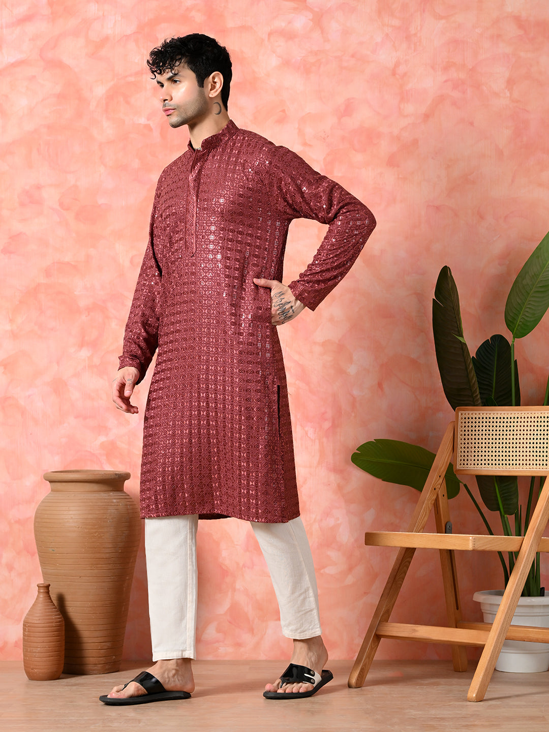 Men's maroon sequin embroidered festive kurta.