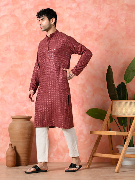 Men's maroon sequin embroidered festive kurta.