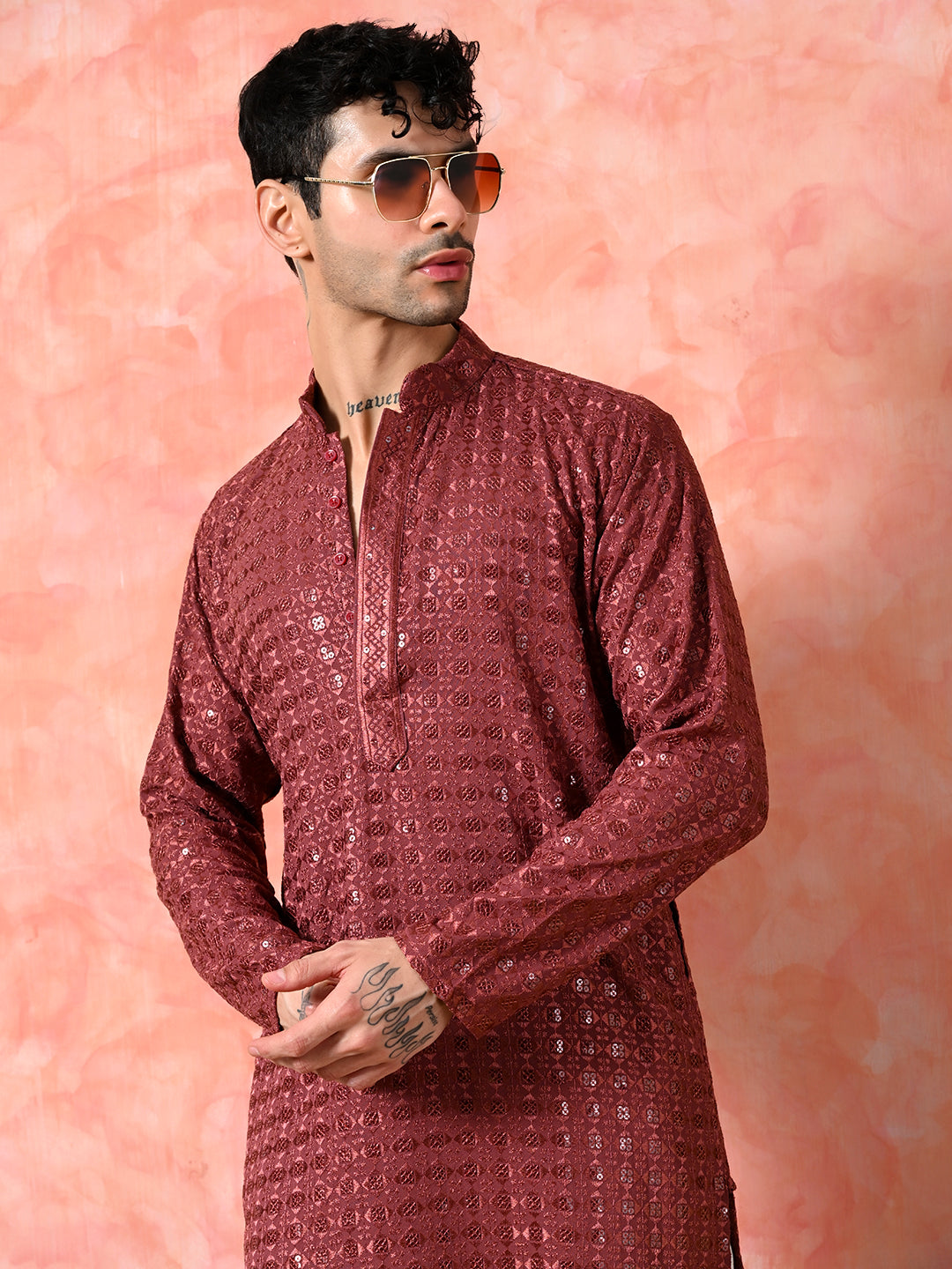 Men's maroon sequin embroidered festive kurta.