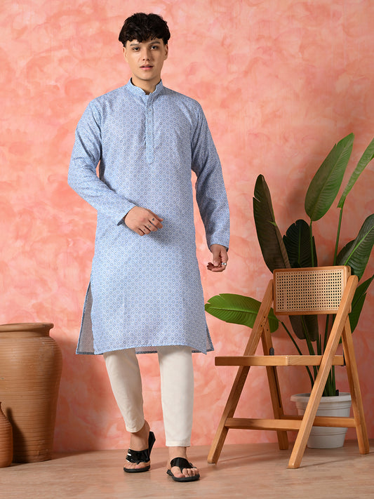 Men's sky blue geometric cotton kurta.