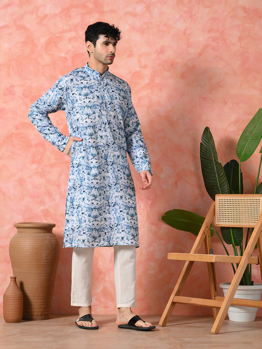 Premium sky-blue botanical print cotton kurta.