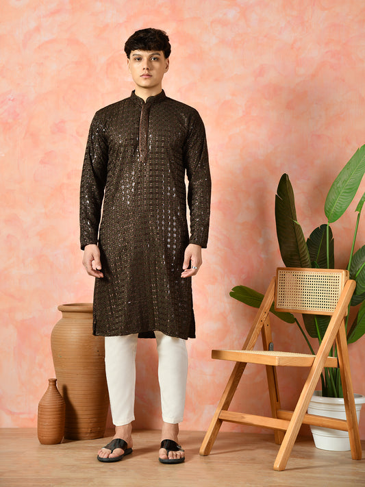 Men's rich brown embellished sequin kurta set.