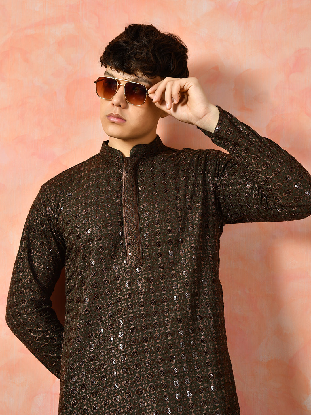 Men's dark olive green sequin kurta.