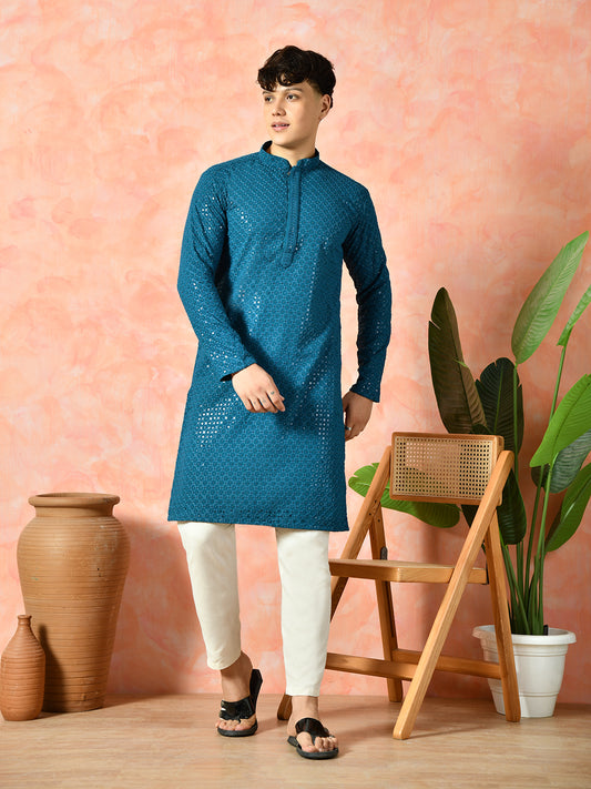 Men's teal blue sequin embroidered kurta.