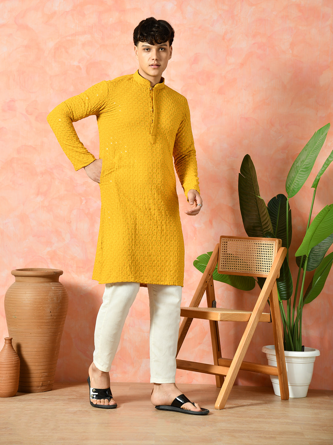 Men's mustard yellow textured festive kurta.