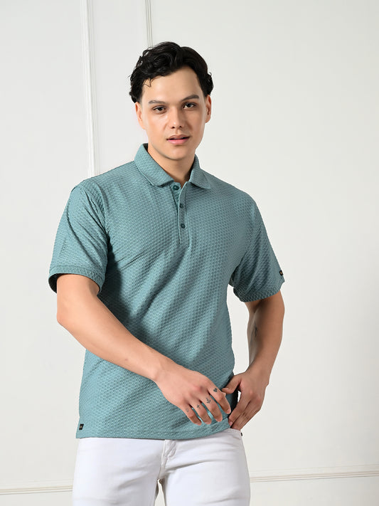 Men's textured sea green smart casual polo.