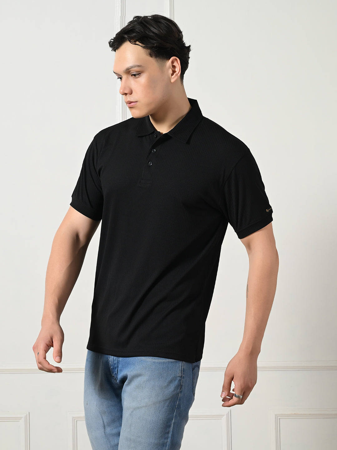 Men's classic black textured smart casual polo.