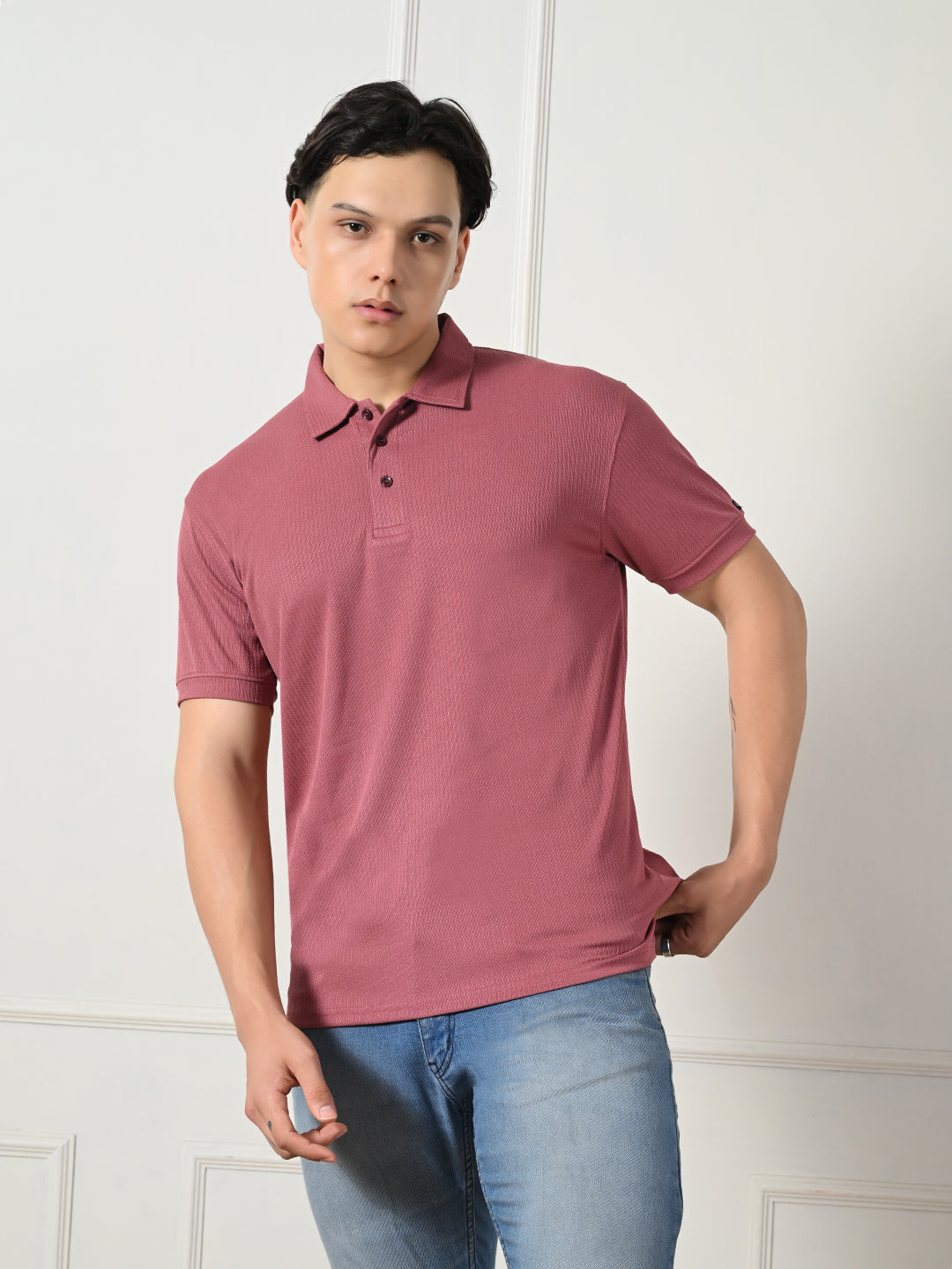 Men's maroon textured polo for everyday wear.