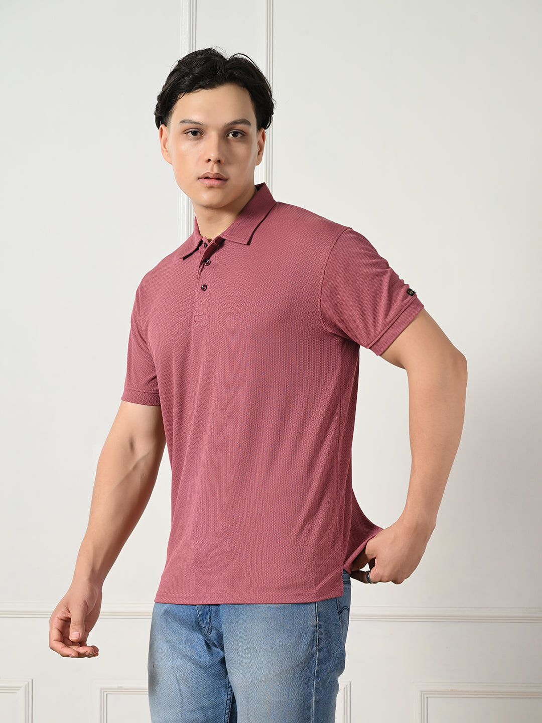 Men's maroon textured polo for everyday wear.