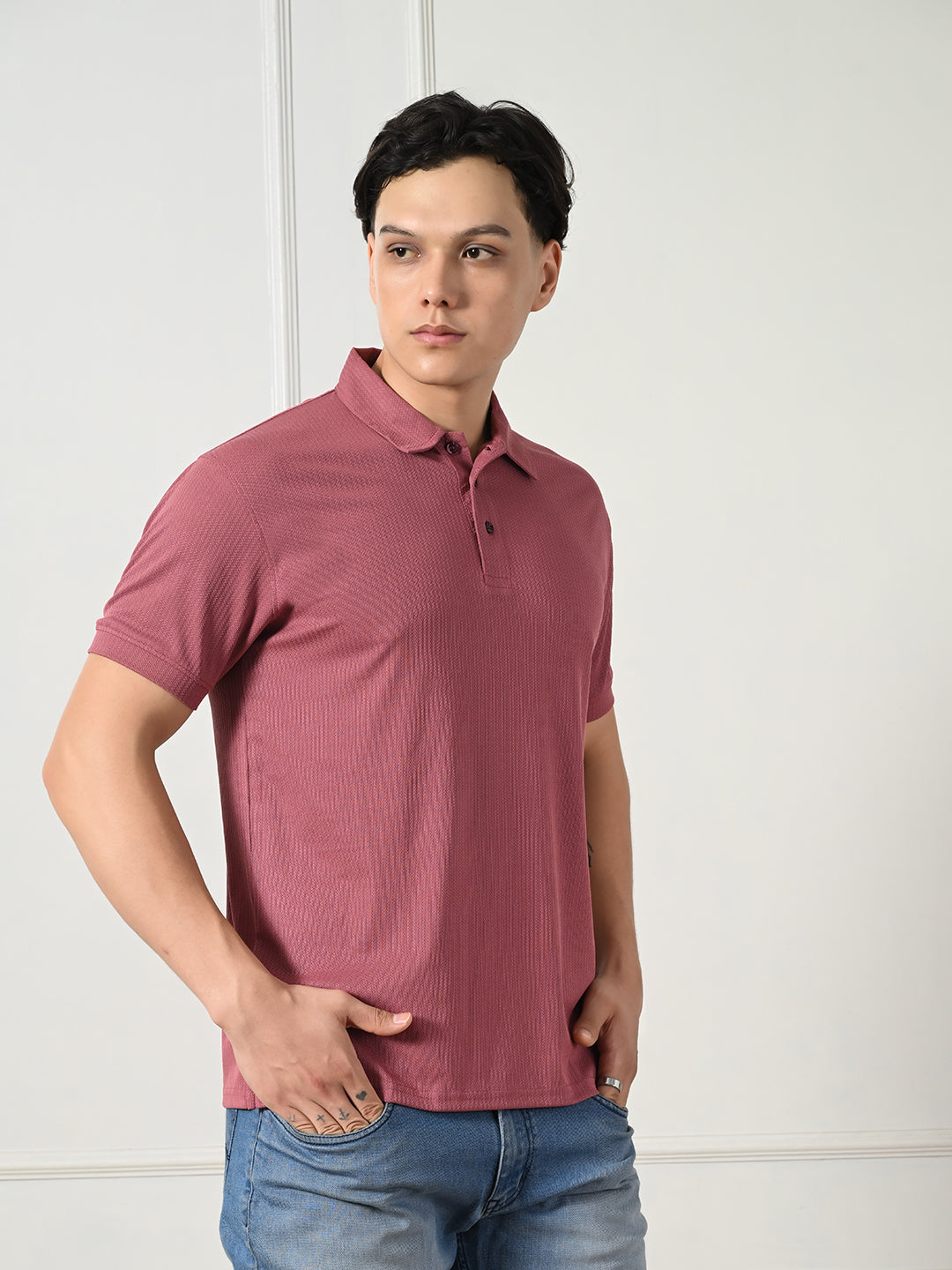 Men's maroon textured polo for everyday wear.