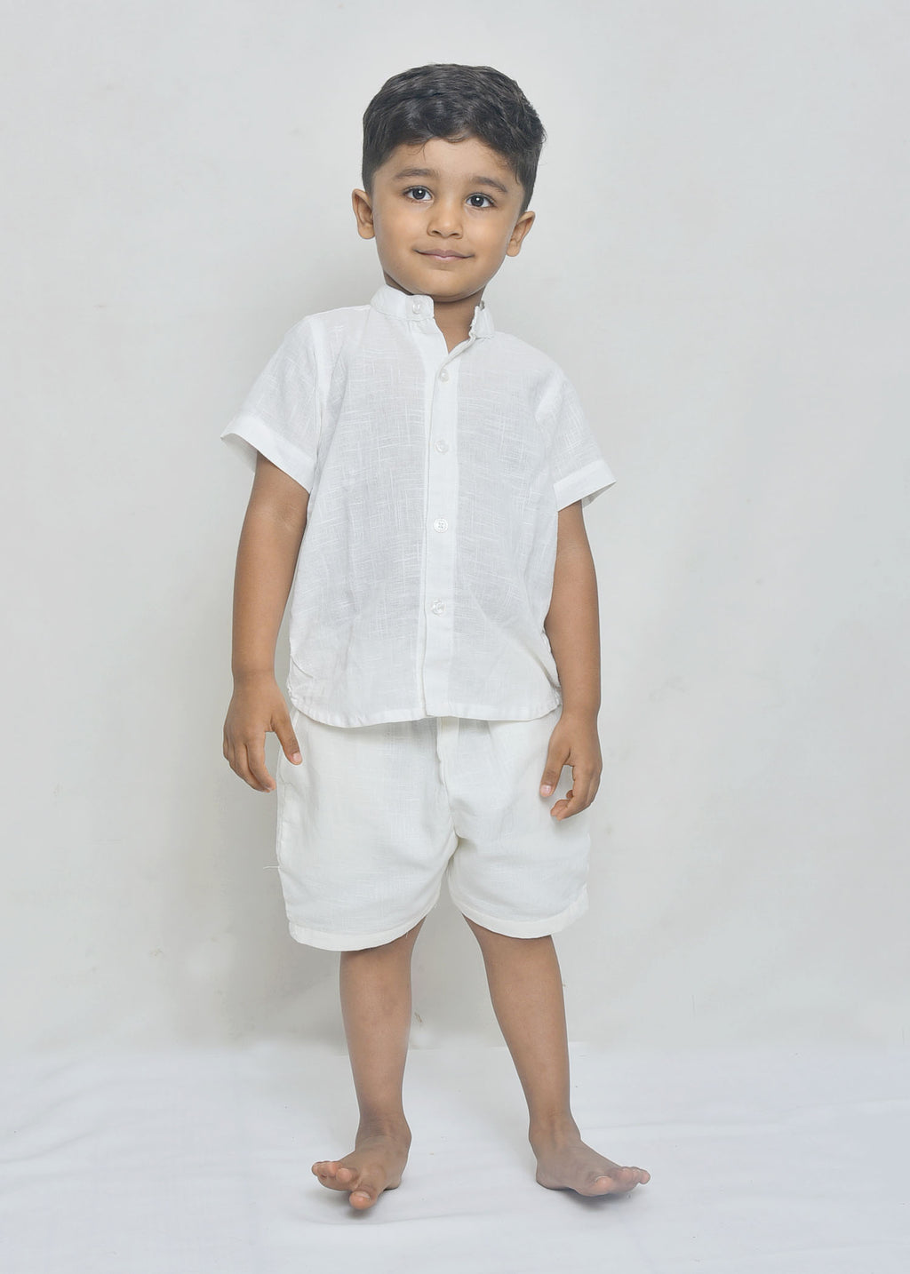 White Mandarin Collar Shirt & Shorts Set for Boys