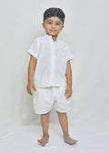 White Mandarin Collar Shirt & Shorts Set for Boys
