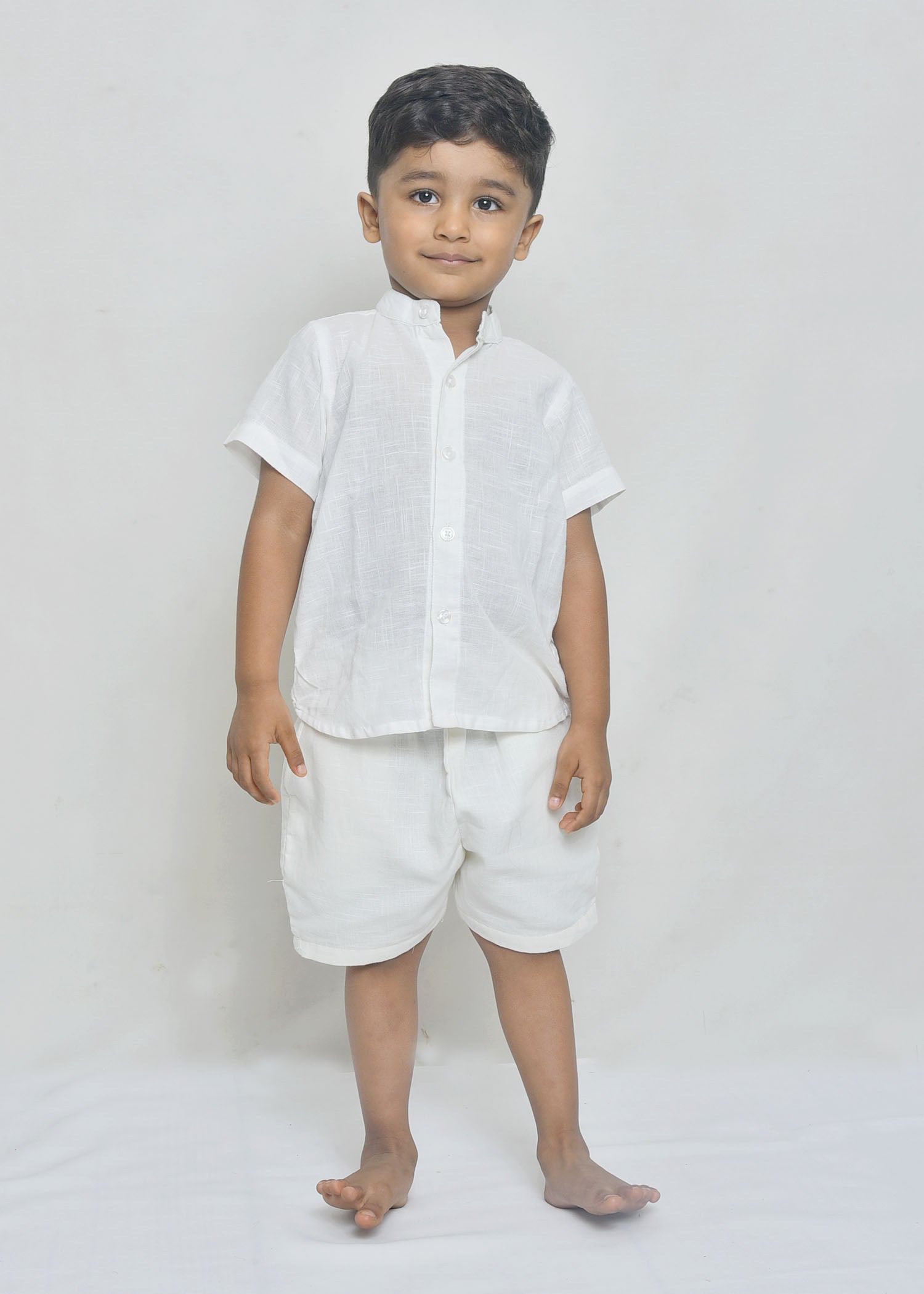 White Mandarin Collar Shirt & Shorts Set for Boys