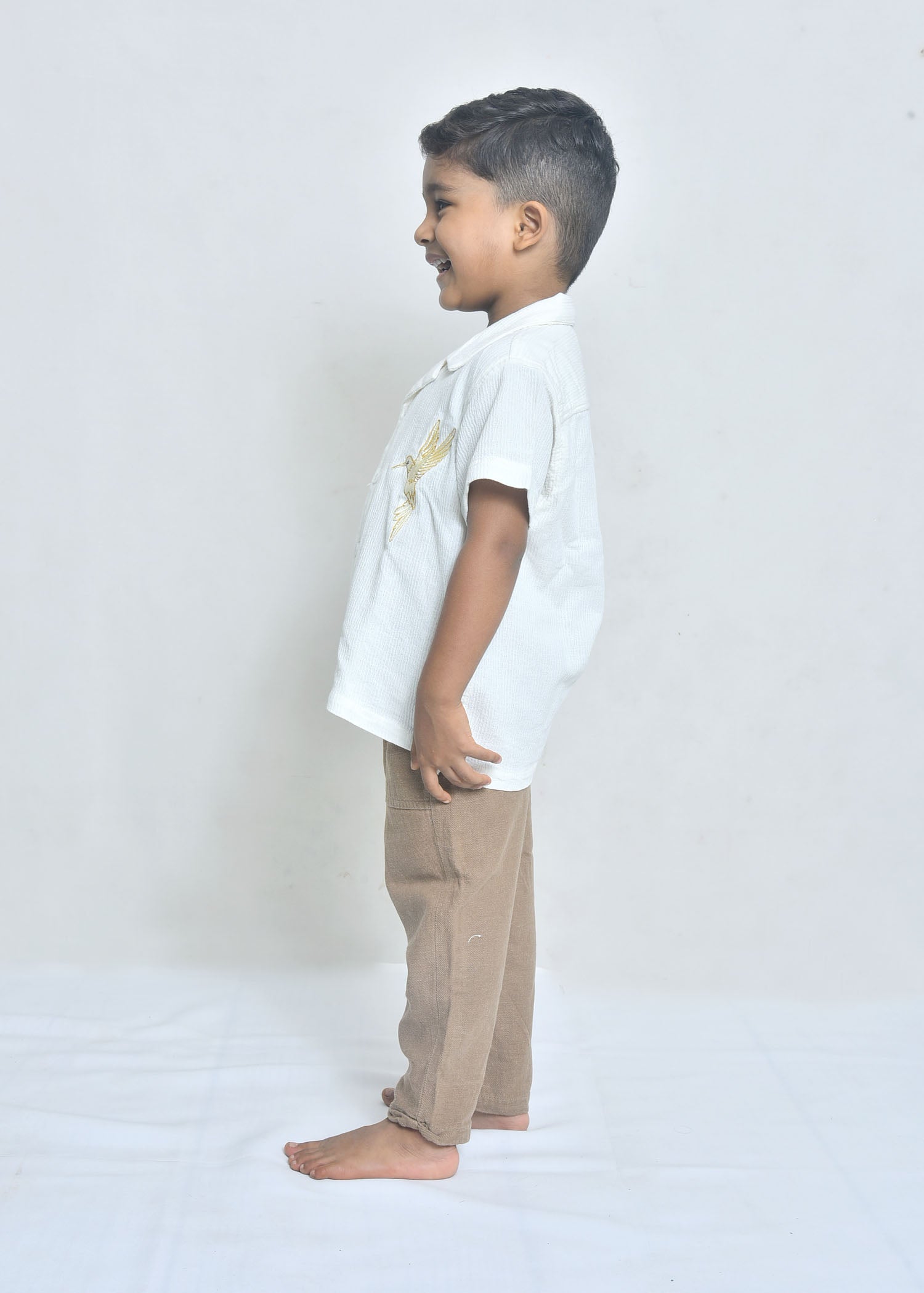 Kids Off-White Textured Shirt with Golden Bird Embroidery