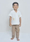 Kids Off-White Textured Shirt with Golden Bird Embroidery