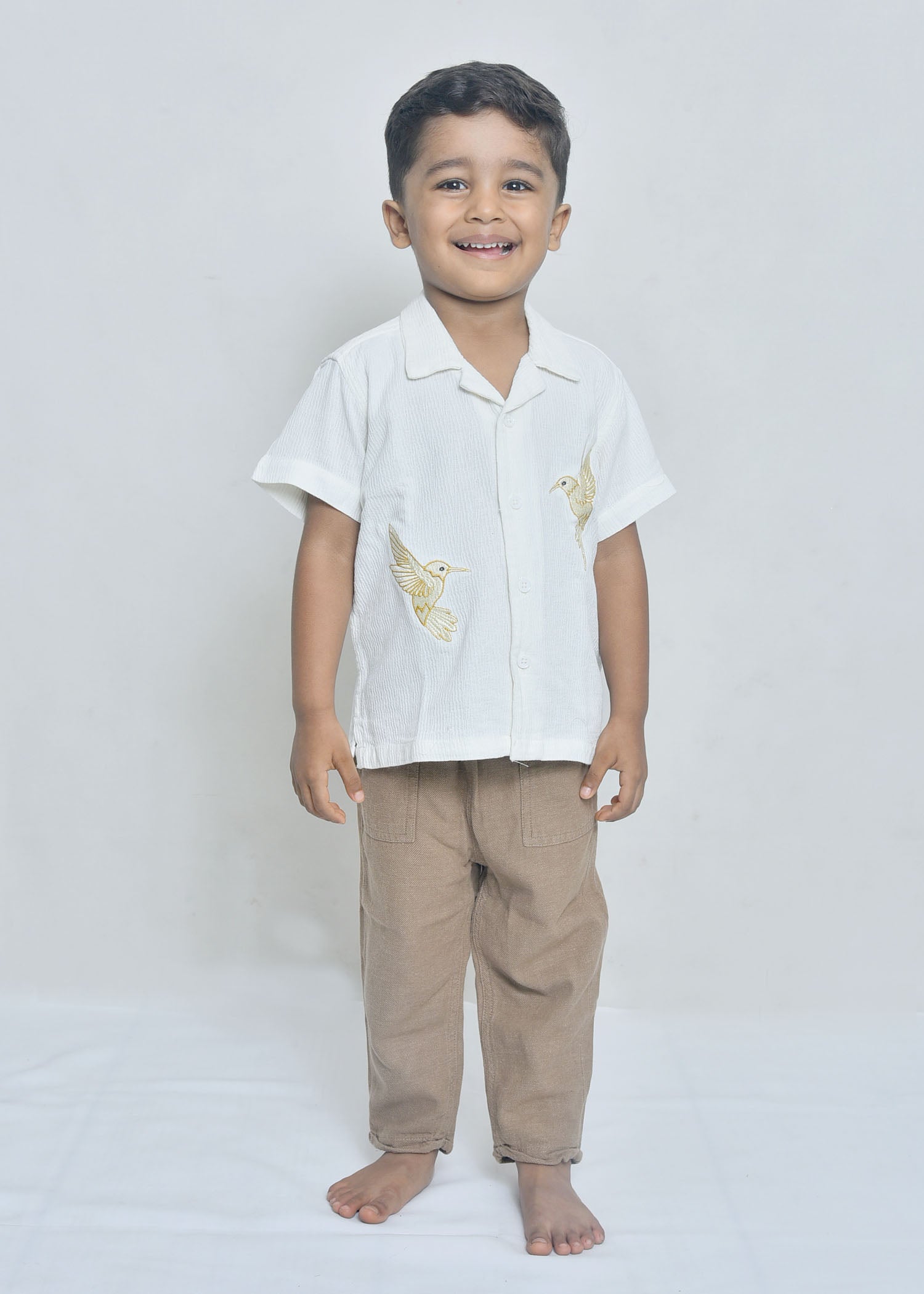 Kids Off-White Textured Shirt with Golden Bird Embroidery