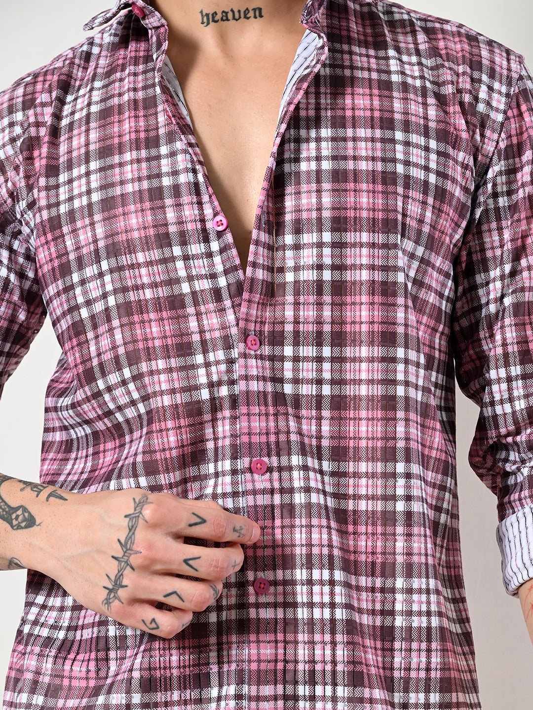 Men's stylish pink, brown plaid shirt.