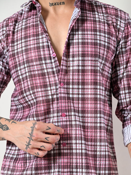 Men's stylish pink, brown plaid shirt.