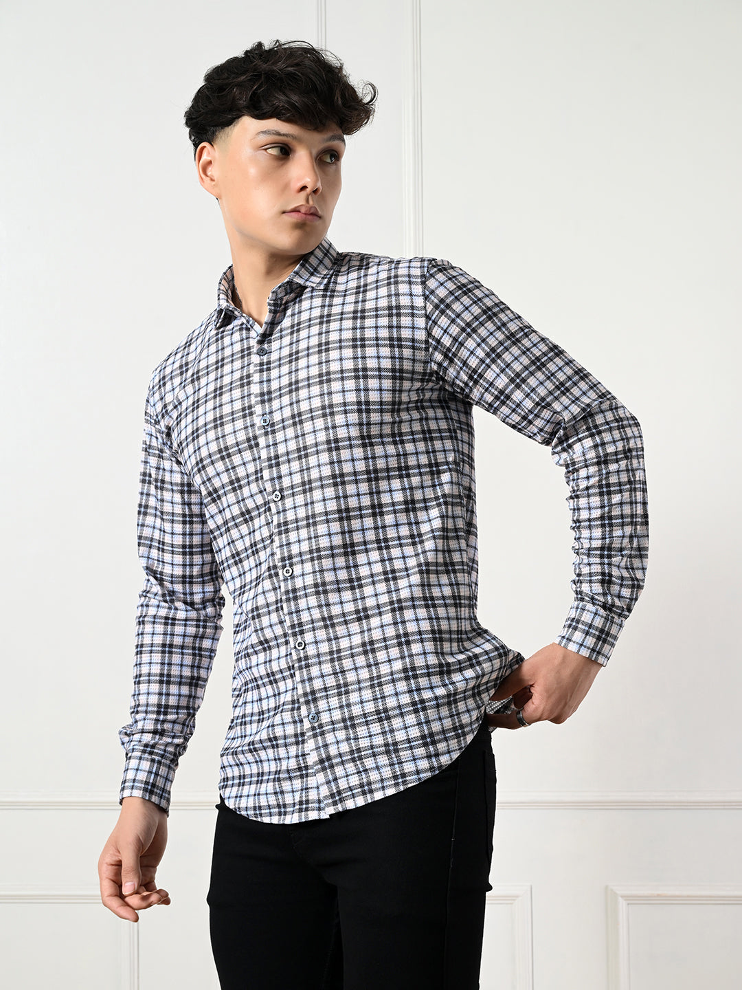 Men's classic black, white plaid shirt.