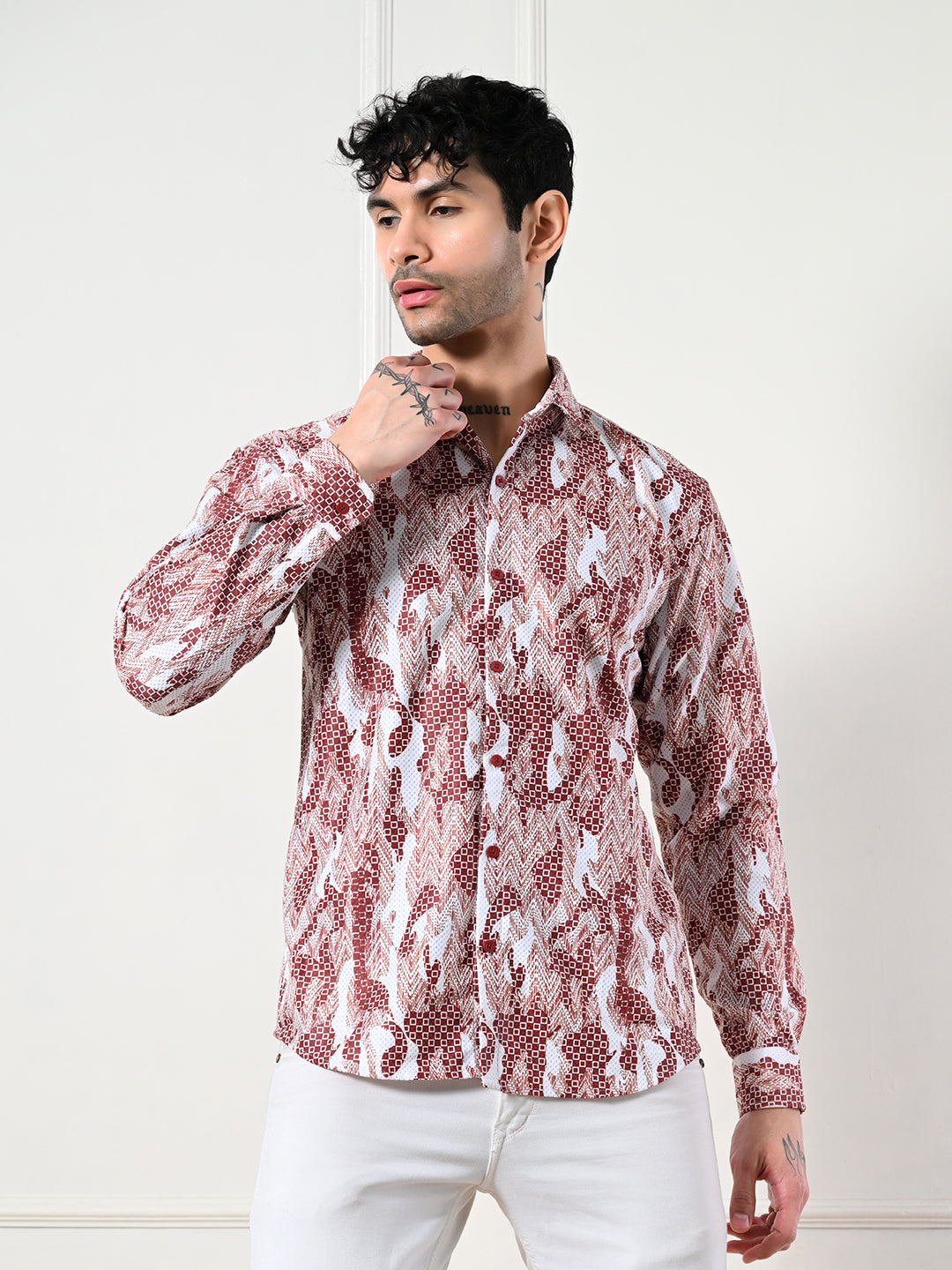 Men's bold red, white abstract print shirt.