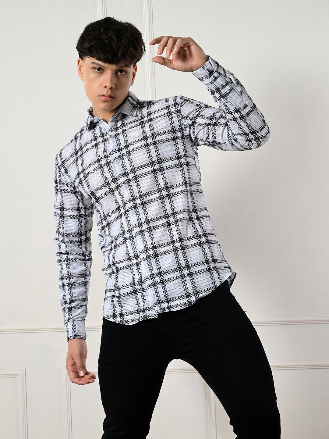 Men's classic white, black plaid casual shirt.