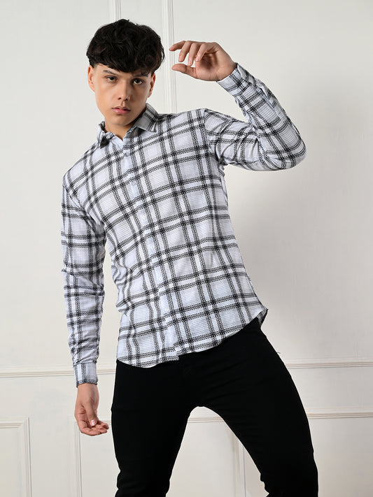 Men's classic white, black plaid casual shirt.