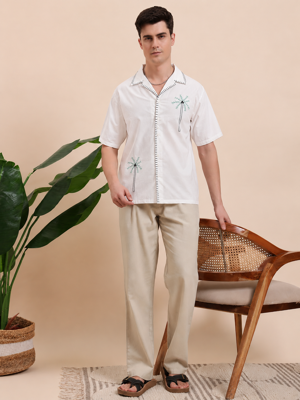 Green Palm Tree Embroidered Cuban Collar Shirt for Men