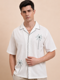 Green Palm Tree Embroidered Cuban Collar Shirt for Men