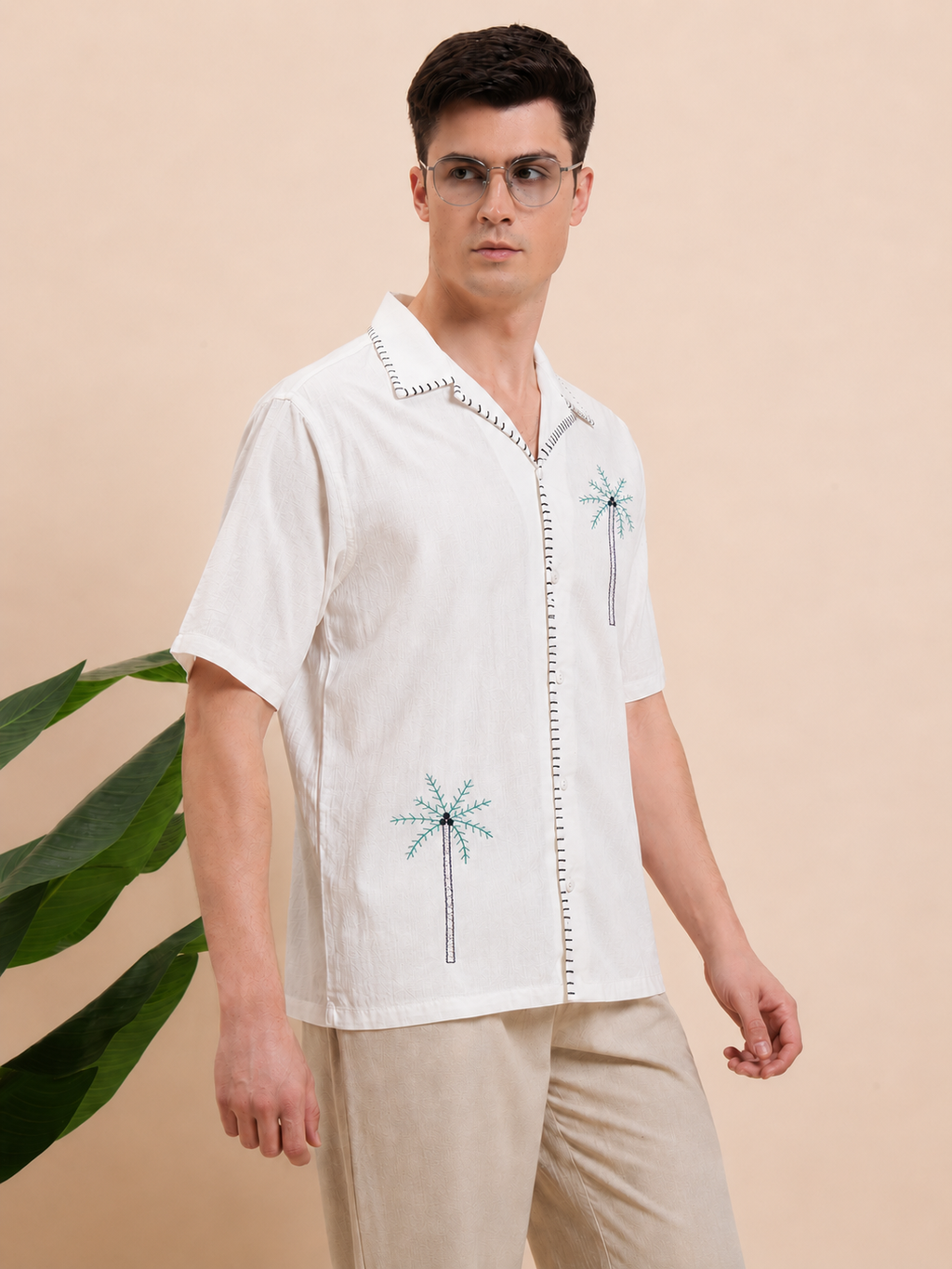 Green Palm Tree Embroidered Cuban Collar Shirt for Men