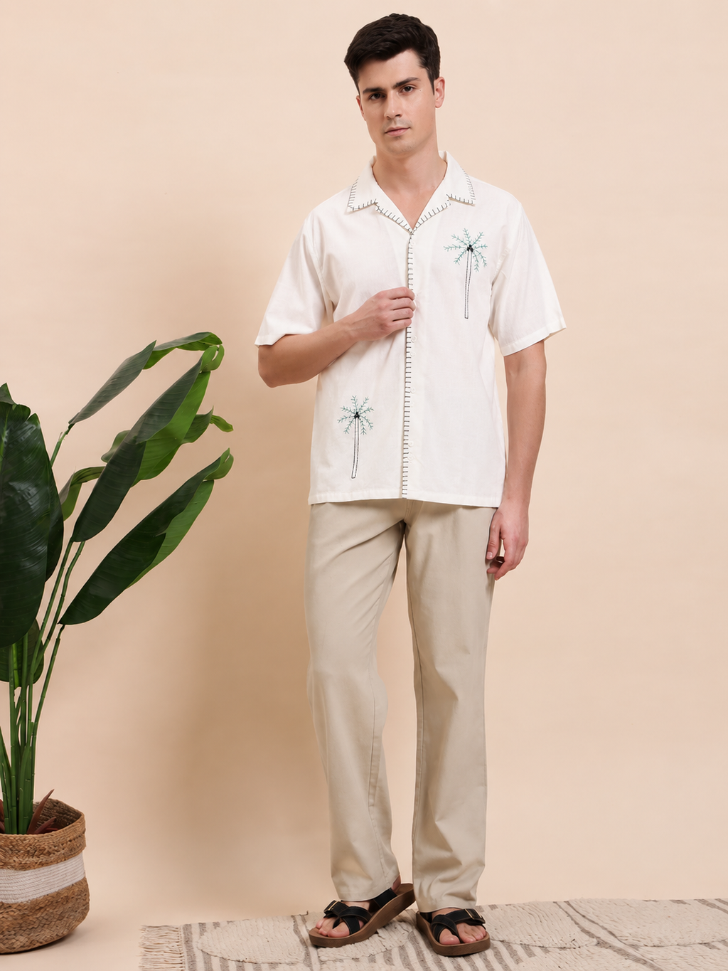 Green Palm Tree Embroidered Cuban Collar Shirt for Men