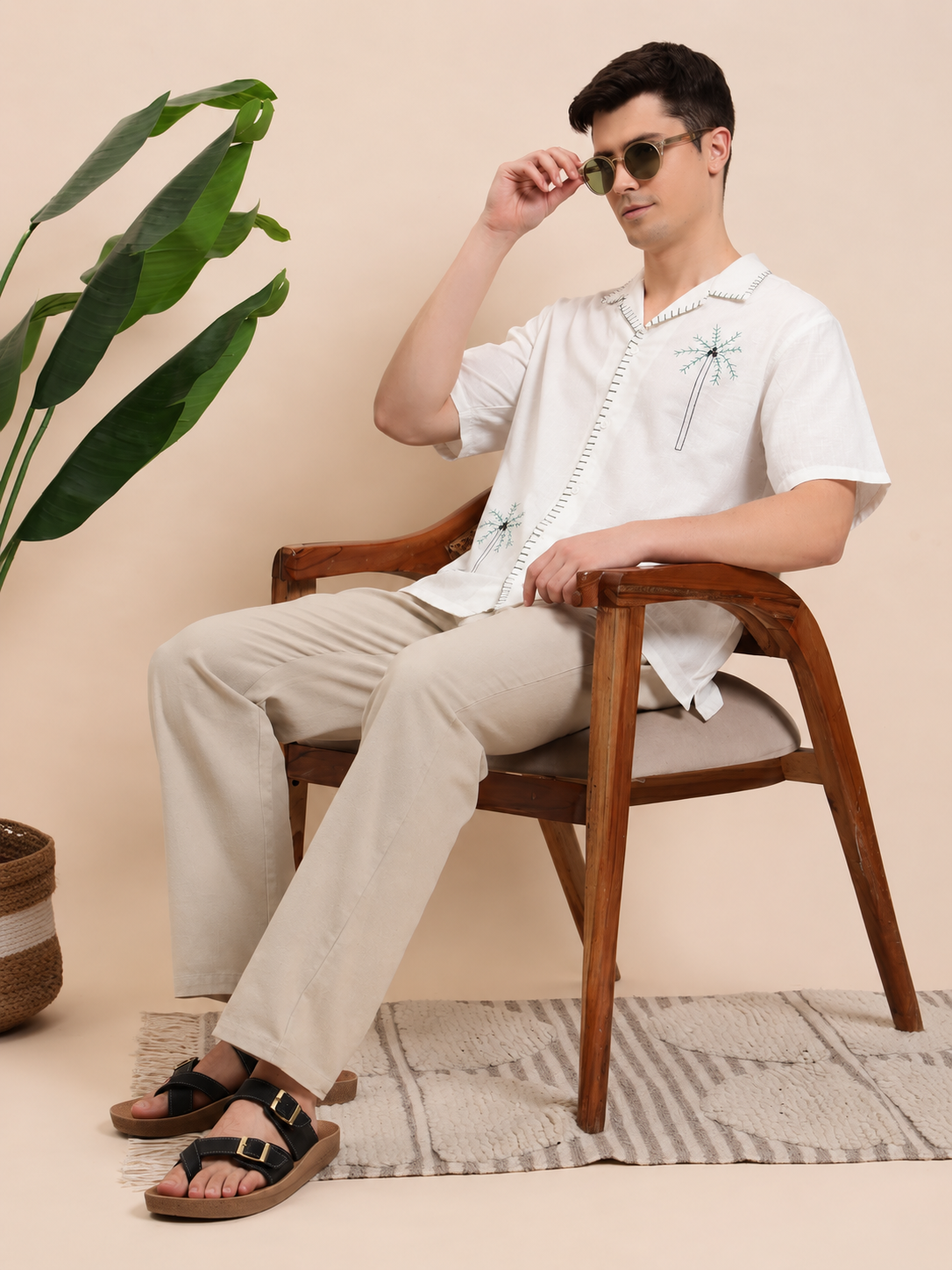 Green Palm Tree Embroidered Cuban Collar Shirt for Men