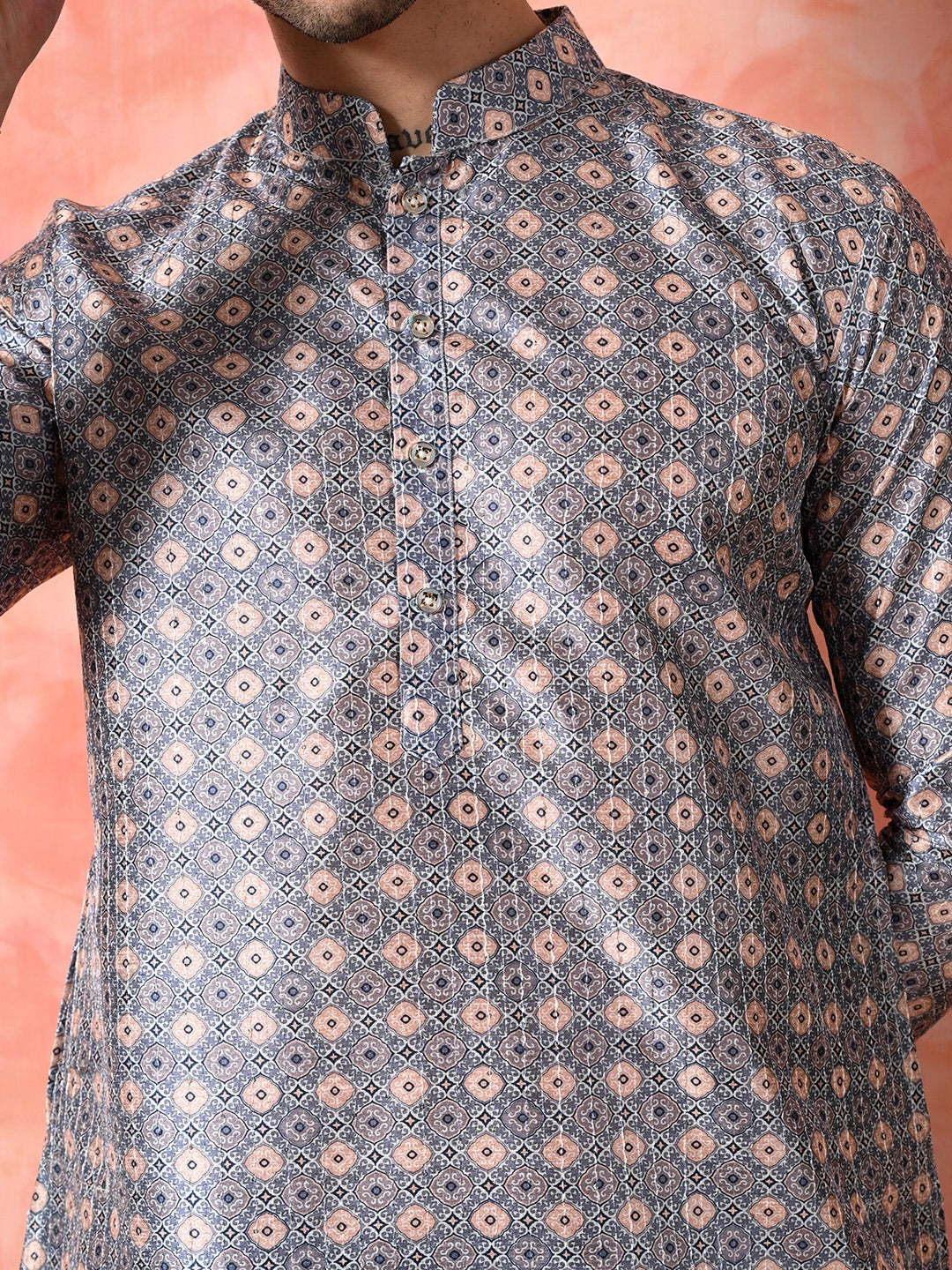 Men's blue, peach geometric print kurta.