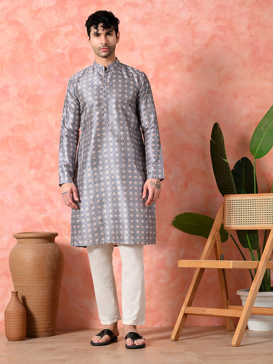 Men's elegant printed silk kurta, white pajama.