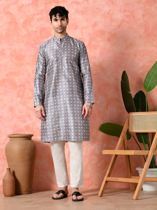 Men's elegant printed silk kurta, white pajama.