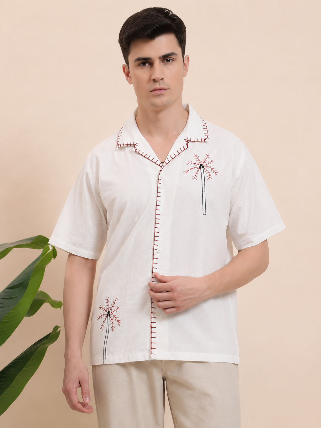 Red Palm Tree Embroidered Cotton Cuban Shirt for Men