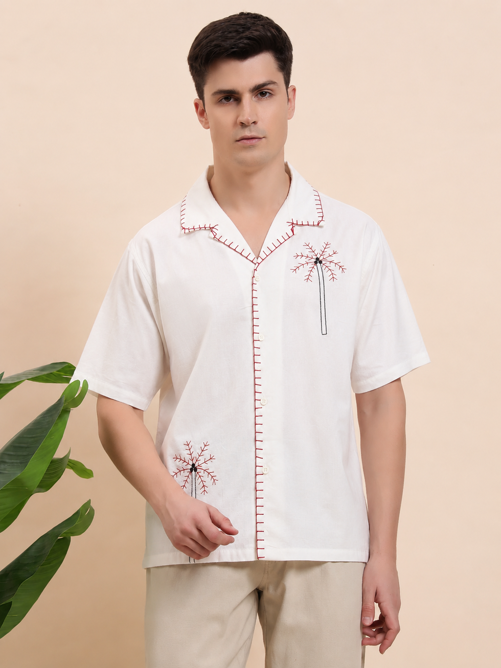 Red Palm Tree Embroidered Cotton Cuban Shirt for Men