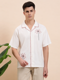 Red Palm Tree Embroidered Cotton Cuban Shirt for Men