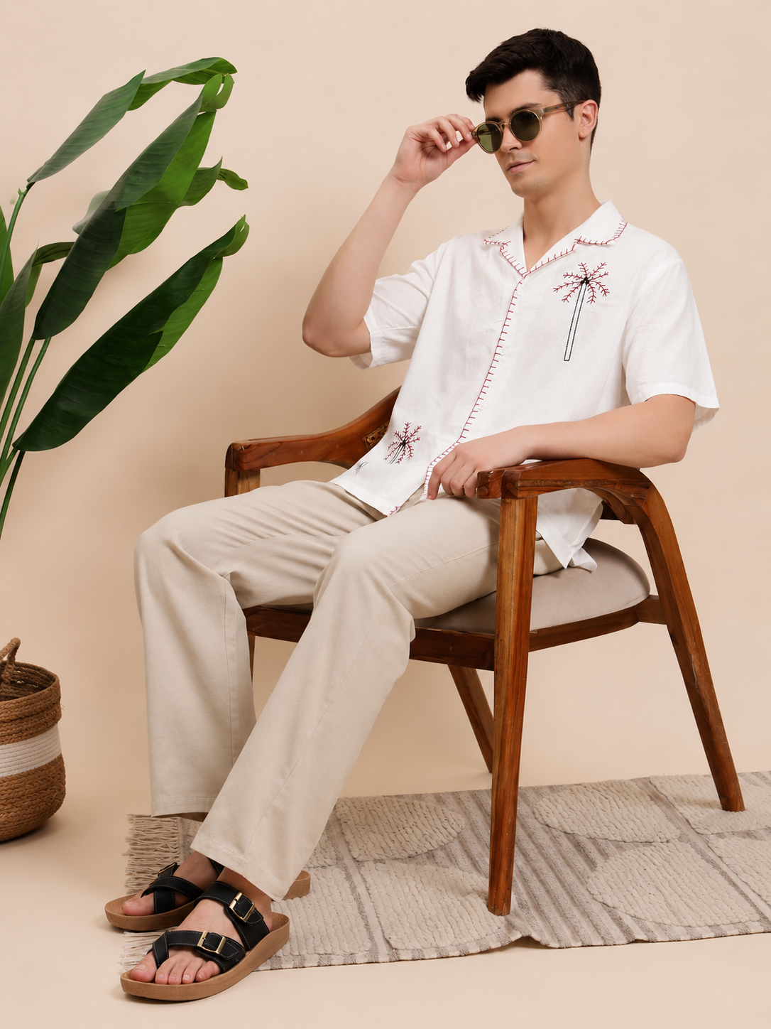 Red Palm Tree Embroidered Cotton Cuban Shirt for Men