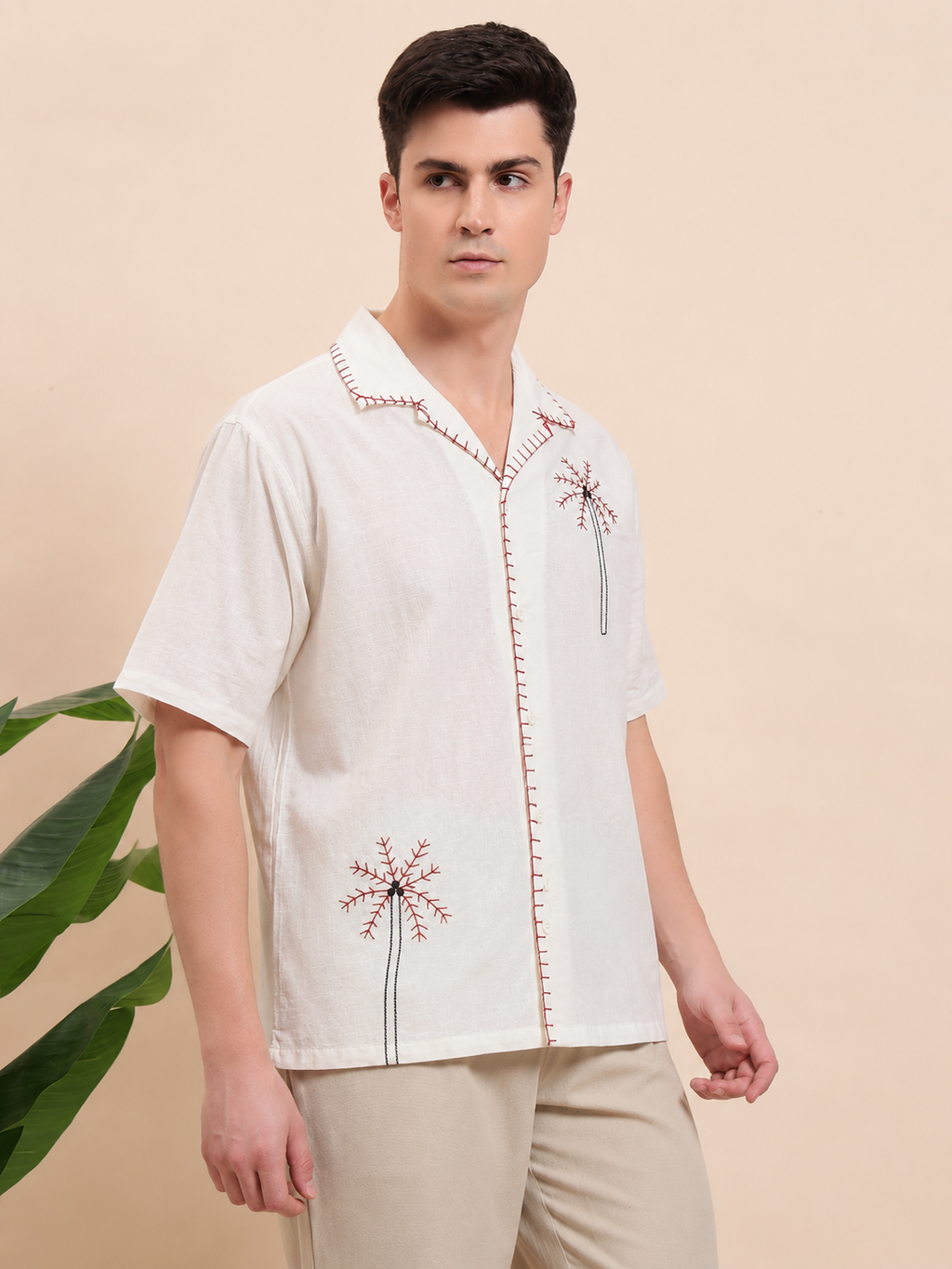 Red Palm Tree Embroidered Cotton Cuban Shirt for Men
