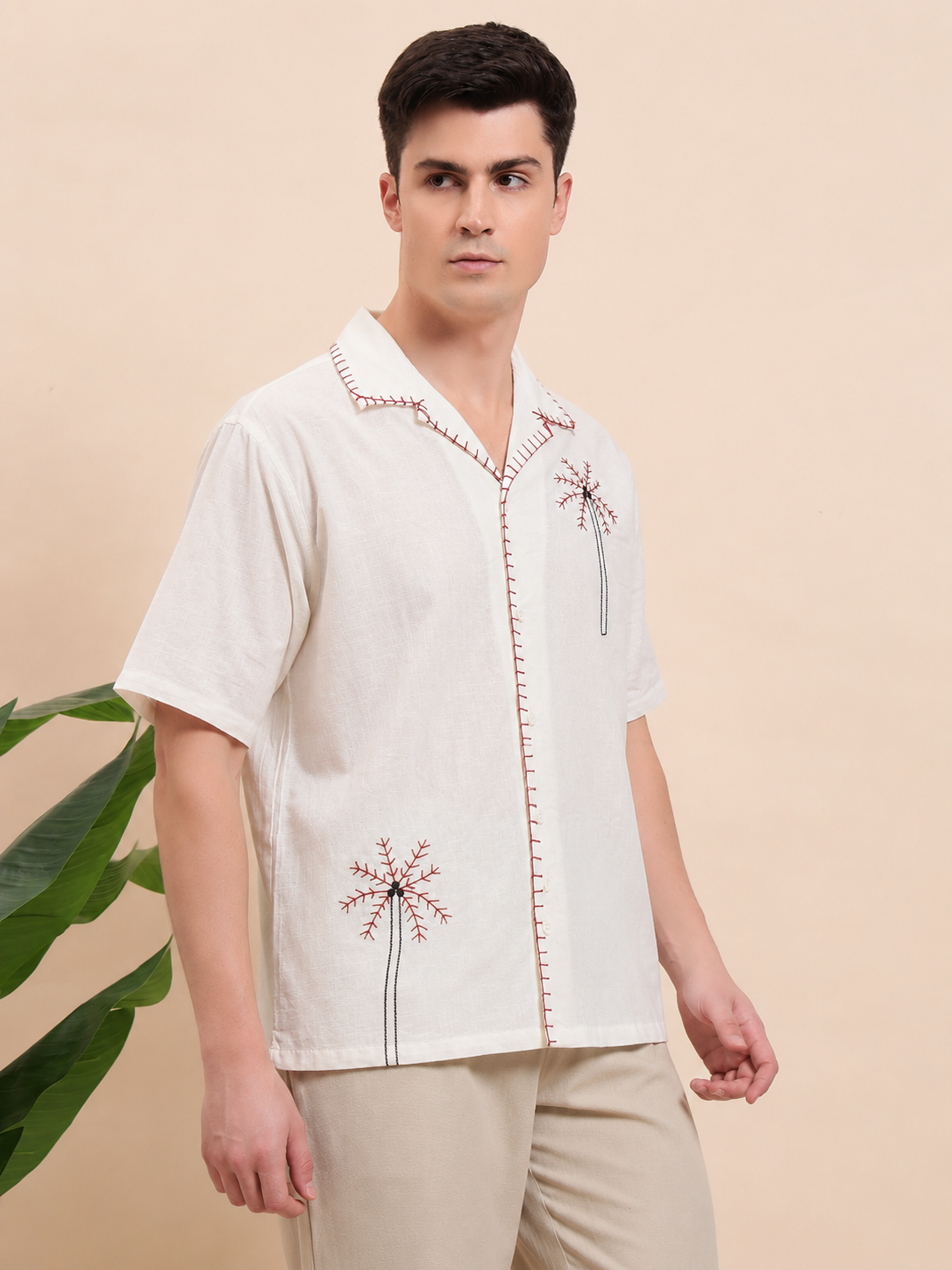 Red Palm Tree Embroidered Cotton Cuban Shirt for Men