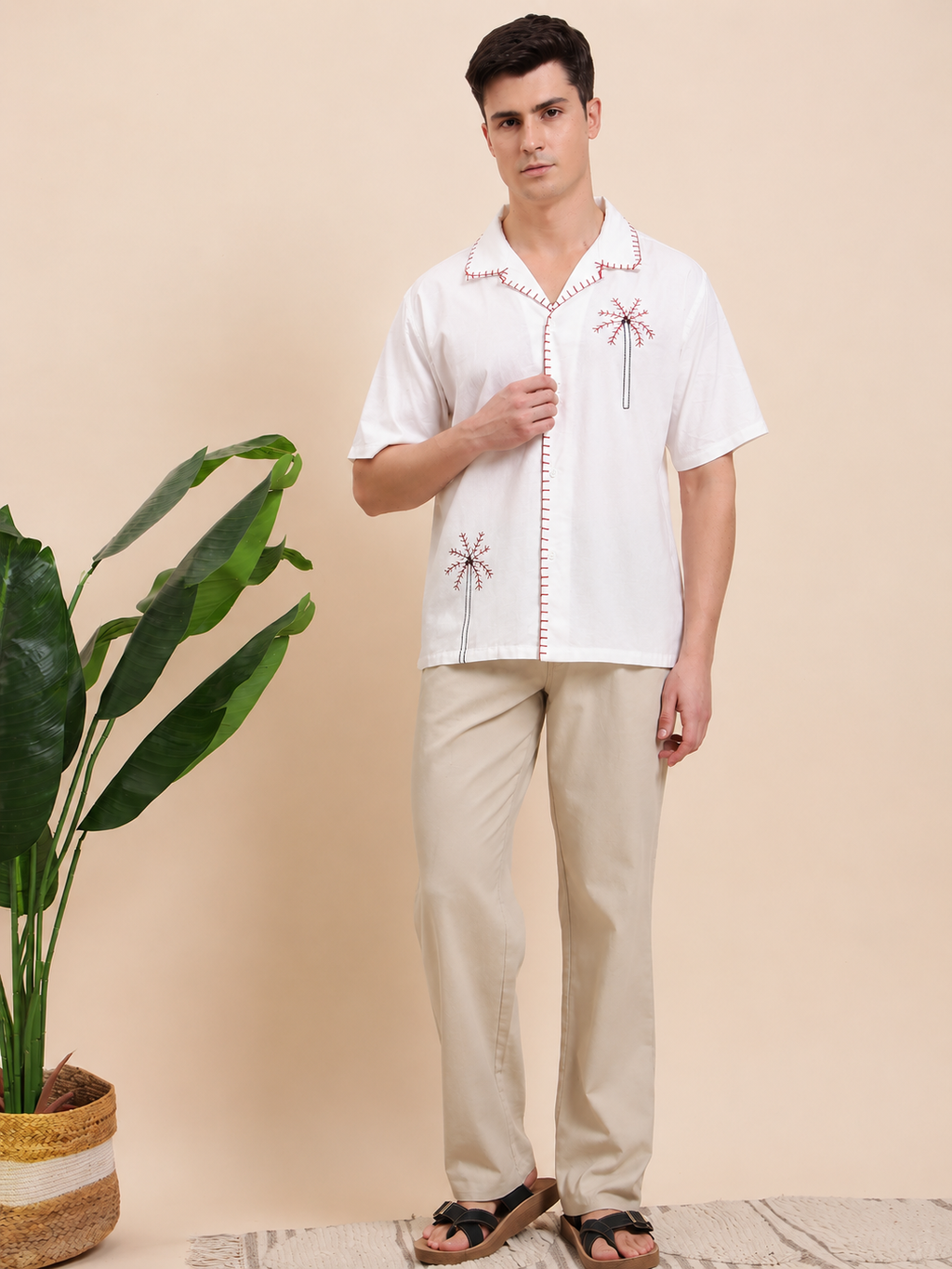 Red Palm Tree Embroidered Cotton Cuban Shirt for Men