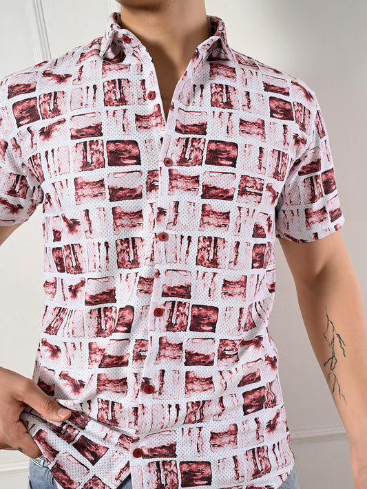 Men's white, burgundy abstract print shirt.