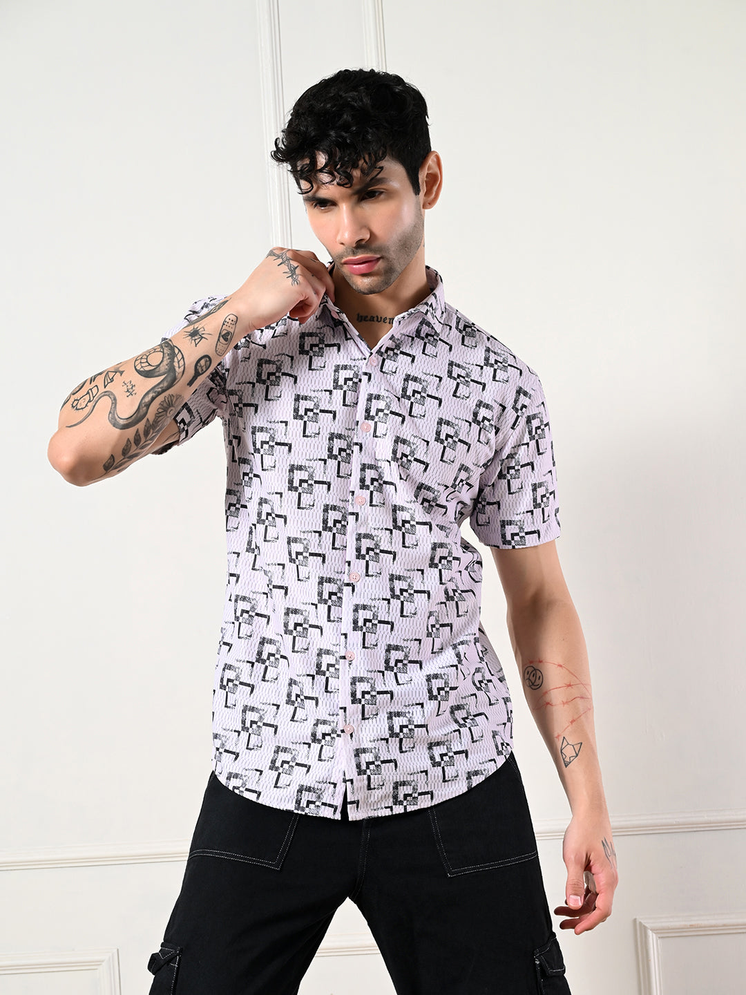 Men's lilac, black geometric print shirt.