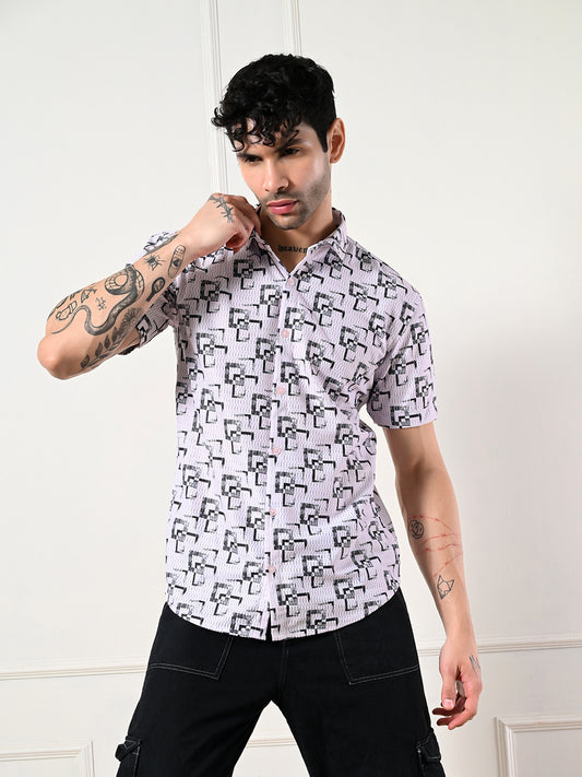 Men's lilac, black geometric print shirt.
