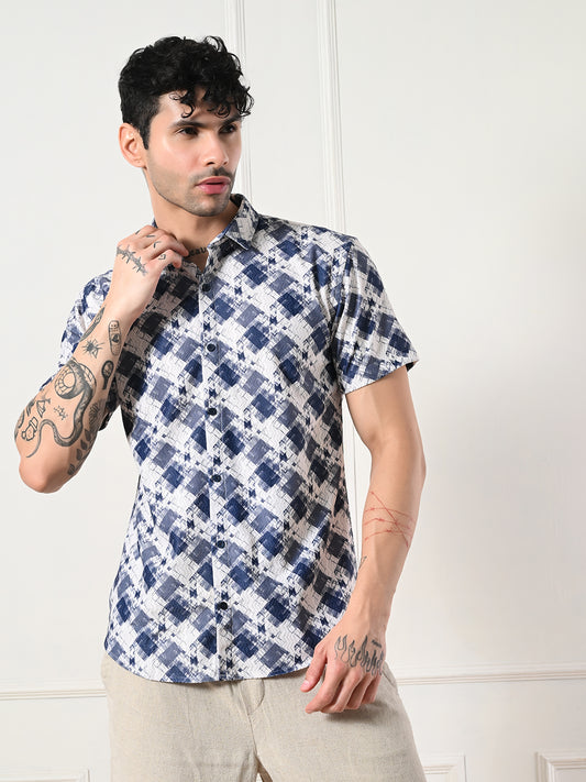 Men's classic blue, white diamond print shirt.