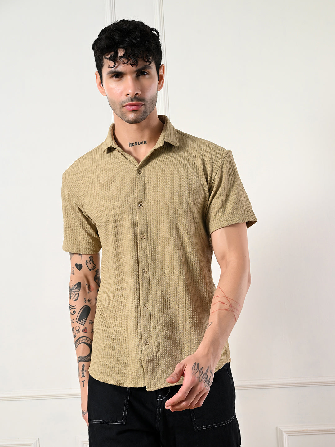 Men's khaki, sand textured short sleeve shirt.